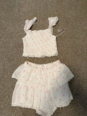 Altar'd State White Two-Piece Smocked Crop Top & Ruffle Shorts with Pink Floral